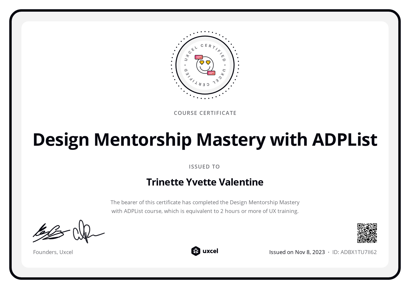 Trinette Yvette Valentine's certificate